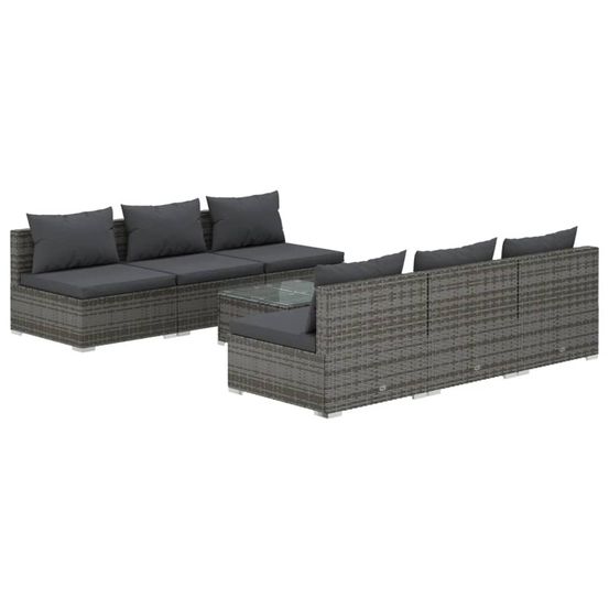 Salon de jardin 7 pcs avec coussins résine tressée gris