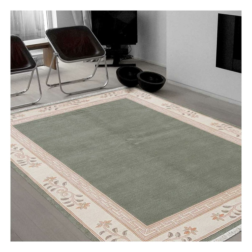 Tapis entrée 70x140 fait main en laine vert rectangle motif simple napissa
