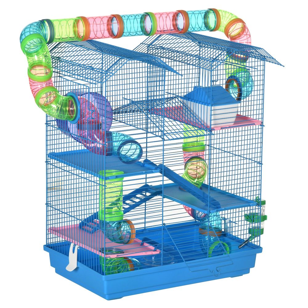 Cage hamster métal pour petits rongeurs 5 niveaux avec accessoires complets 47x30x59cm bleu