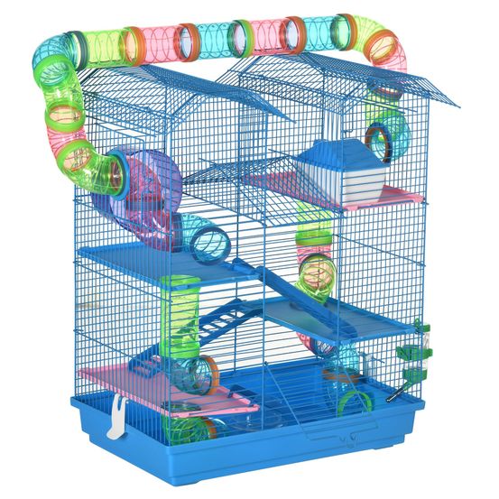 Cage hamster métal pour petits rongeurs 5 niveaux avec accessoires complets 47x30x59cm bleu