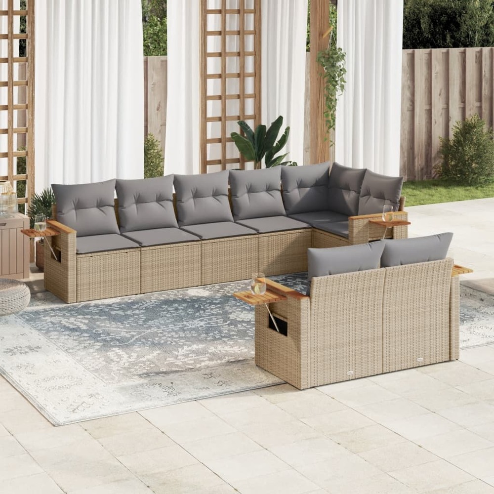 Salon de jardin avec coussins 8 pcs beige résine tressée