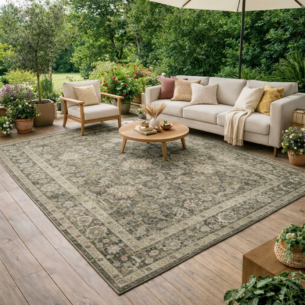 Tapis exterieur 160 x 235 cm, beige, gris, marron, kilim oriental raffiné, idéal terrasse durable