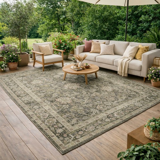 Tapis exterieur 160 x 235 cm, beige, gris, marron, kilim oriental raffiné, idéal terrasse durable