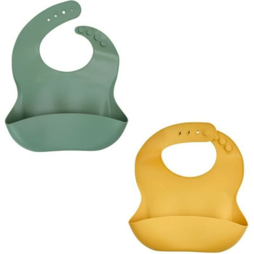 Lot de 2 bavoirs - - silicone - vert cactus et jaune miel - etanches et réglables
