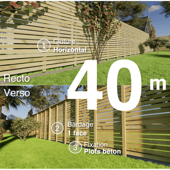 Kit clôture bois moderne 40m – h 1,9m – 20 x 60 mm autoclave vert – pose horizontal – simple face – à sceller