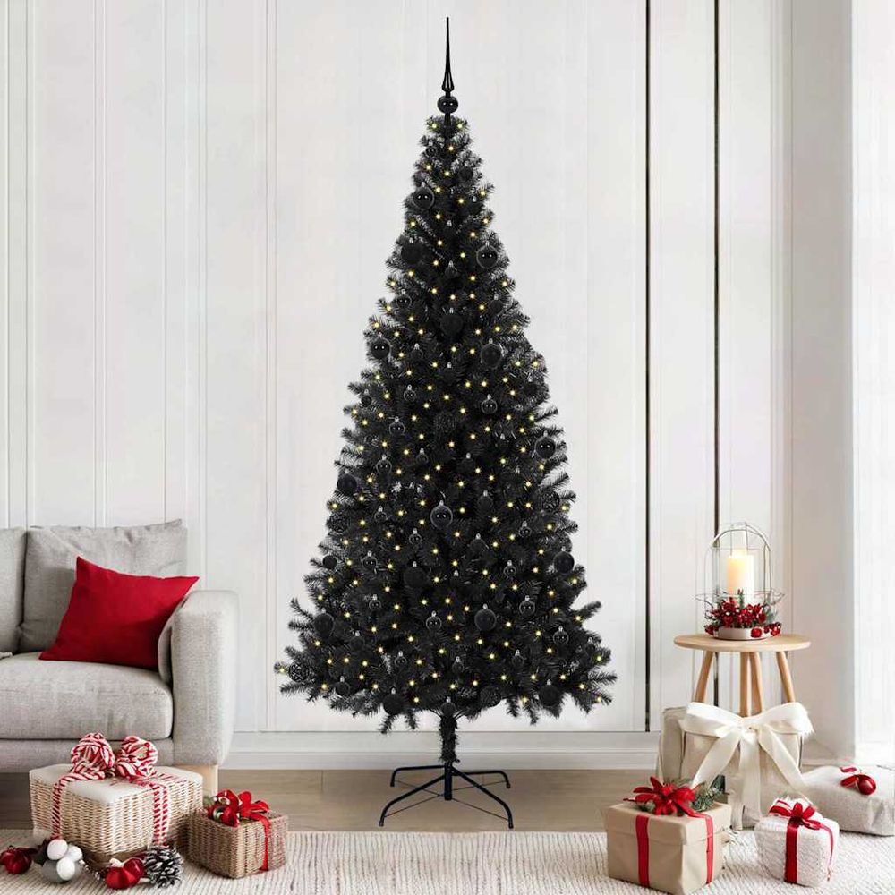Kit sapin de noël design noir 2.10m, arbre artificiel complet avec lumières led et boules