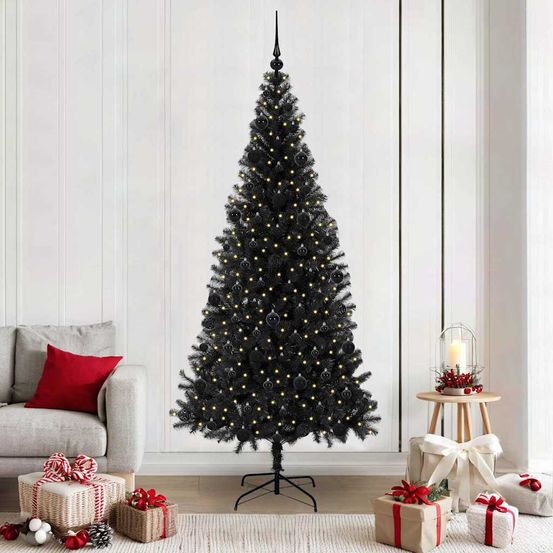 Kit sapin de noël design noir 2.10m, arbre artificiel complet avec lumières led et boules