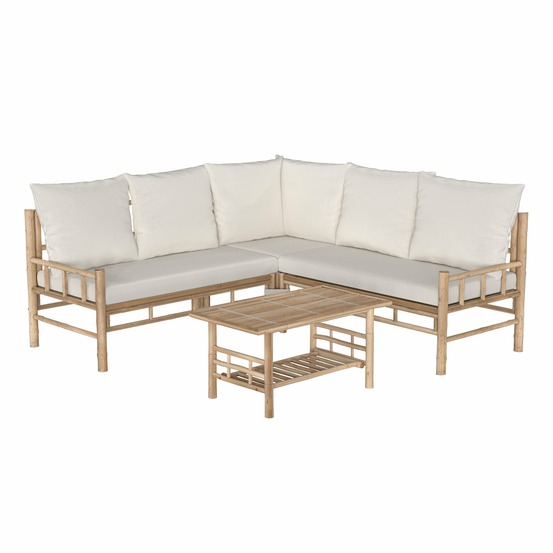 Vadella-salon de jardin blanc en bambou avec canapé d'angle et table basse