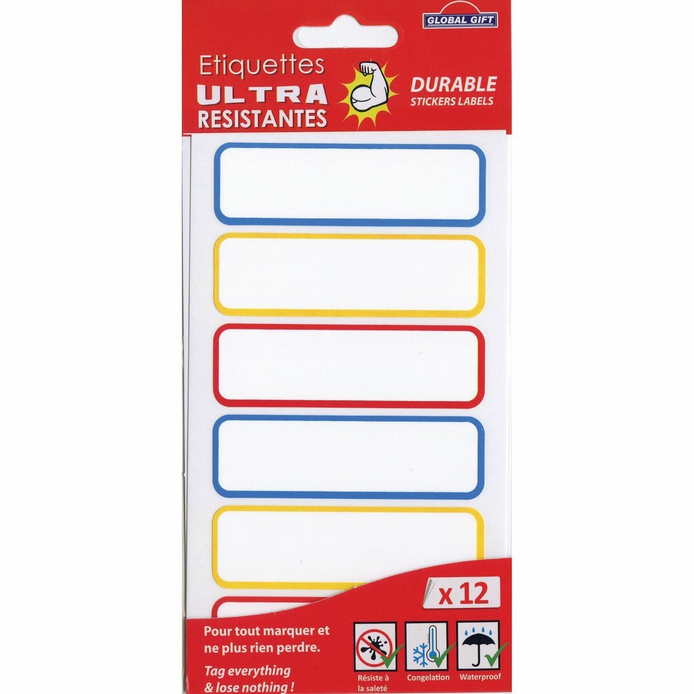 12 étiquettes plastifiées - couleurs primaires - ultra-résistantes