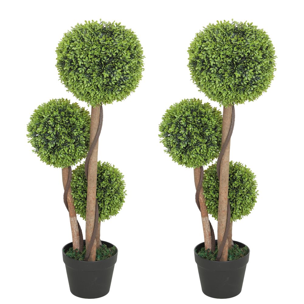 Lot de 2 buis artificiels 3 boules plastique vert 90 cm intérieur extérieur avec pots