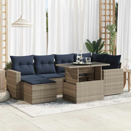 Salon de jardin avec coussins 7 pcs gris résine tressée acacia