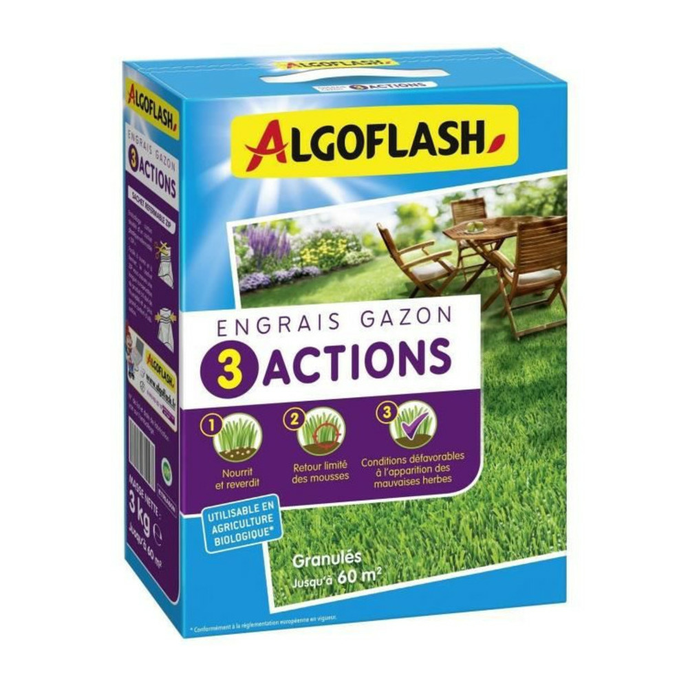 Engrais gazon - algoflash naturasol - 3 actions - 3 kg