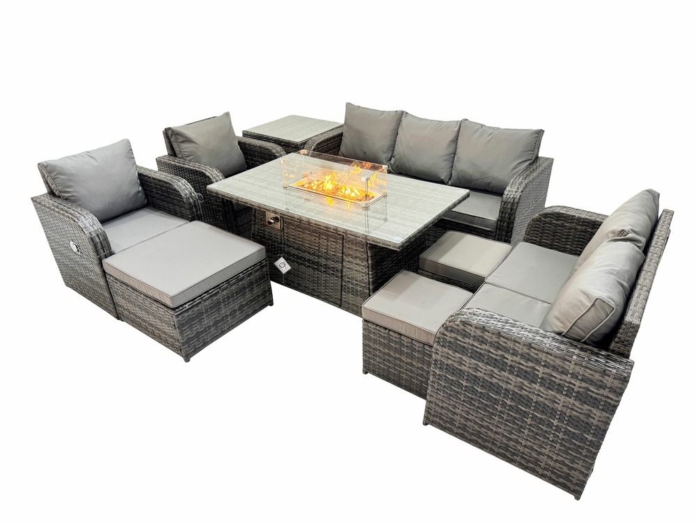 10 places salon de jardin exterieur table de foyer à gaz et canapé fauteuil avec 3 tabourets table d'appoint