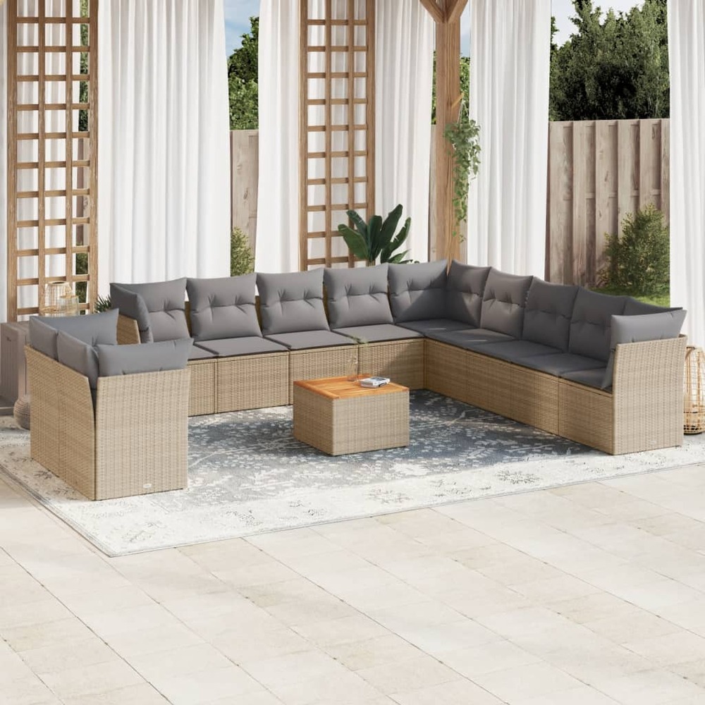 Salon de jardin avec coussins 12 pcs beige résine tressée