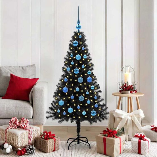 Kit sapin de noël conique noir 150cm, artificiel et lumineux avec 150 led & décorations incluses