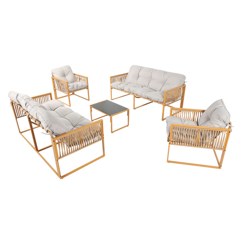 Salon de jardin 8 places effet rotin coussins gris clair turini