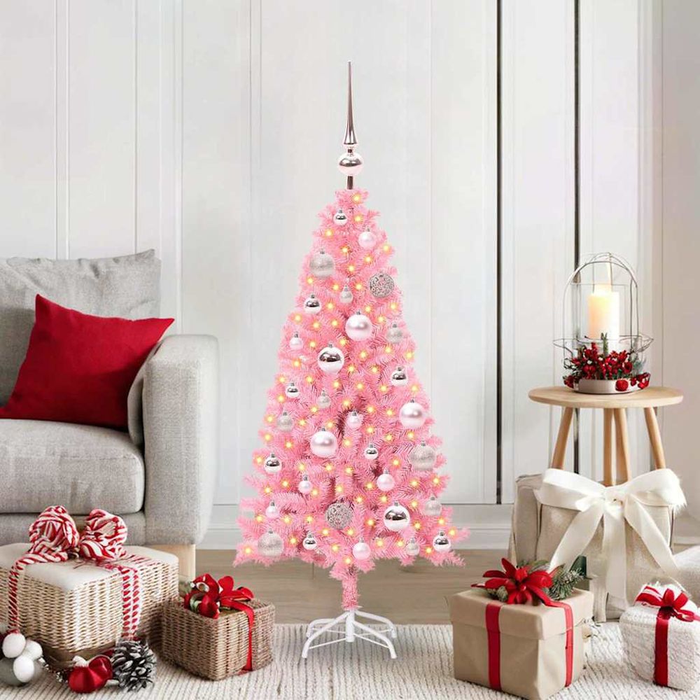 Sapin de noël rose tendance 120 cm pré-illuminé 150 led, décorations incluses