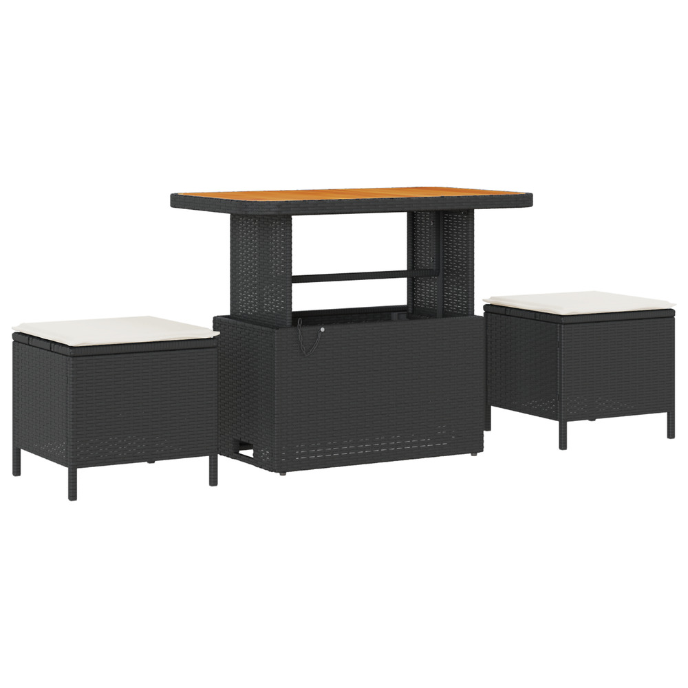 Ensemble de salle à manger de jardin de 3 pièces avec coussins en poly rotin noir et acacia