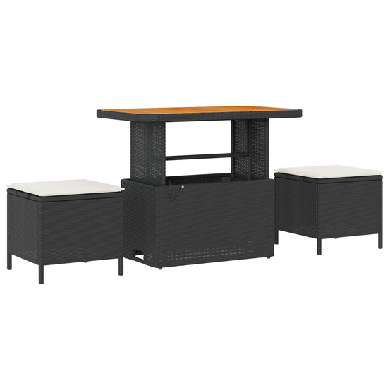 Ensemble de salle à manger de jardin de 3 pièces avec coussins en poly rotin noir et acacia