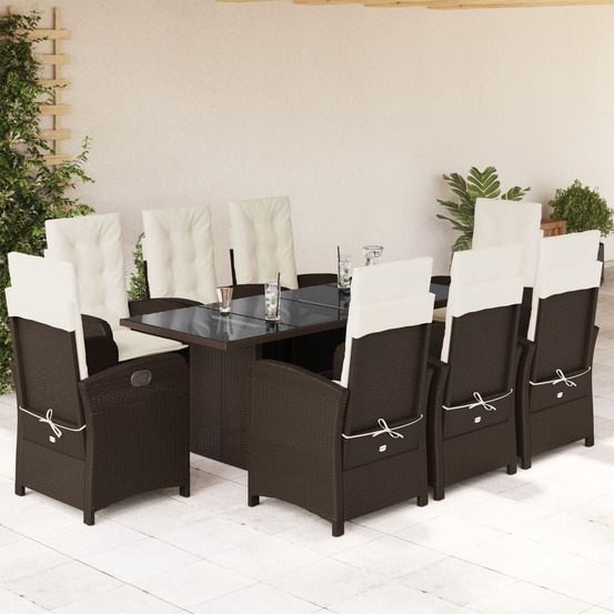 Ensemble à manger de jardin et coussins 9 pcs marron poly rotin