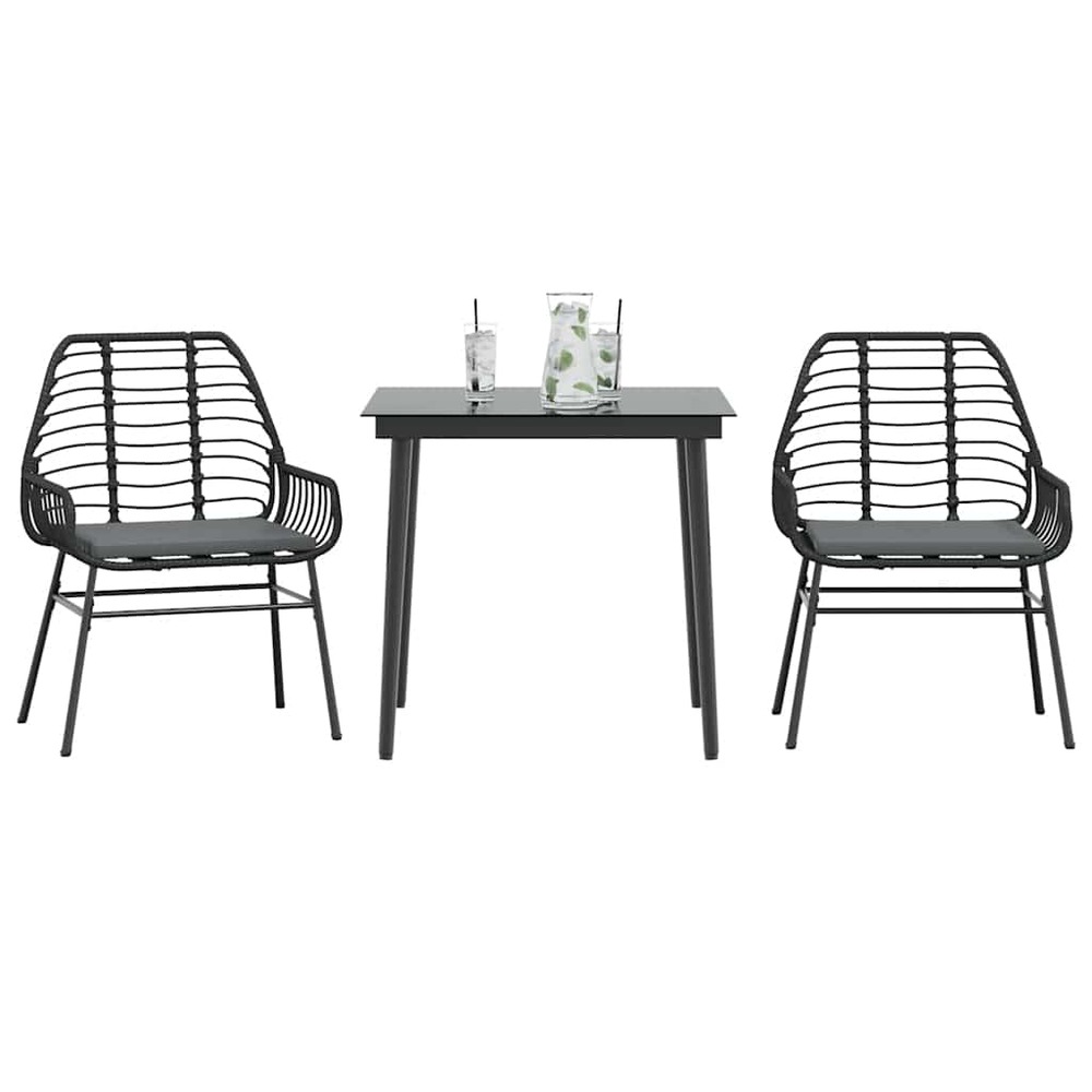 Ensemble à manger de jardin et coussins 3 pcs noir rotin verre