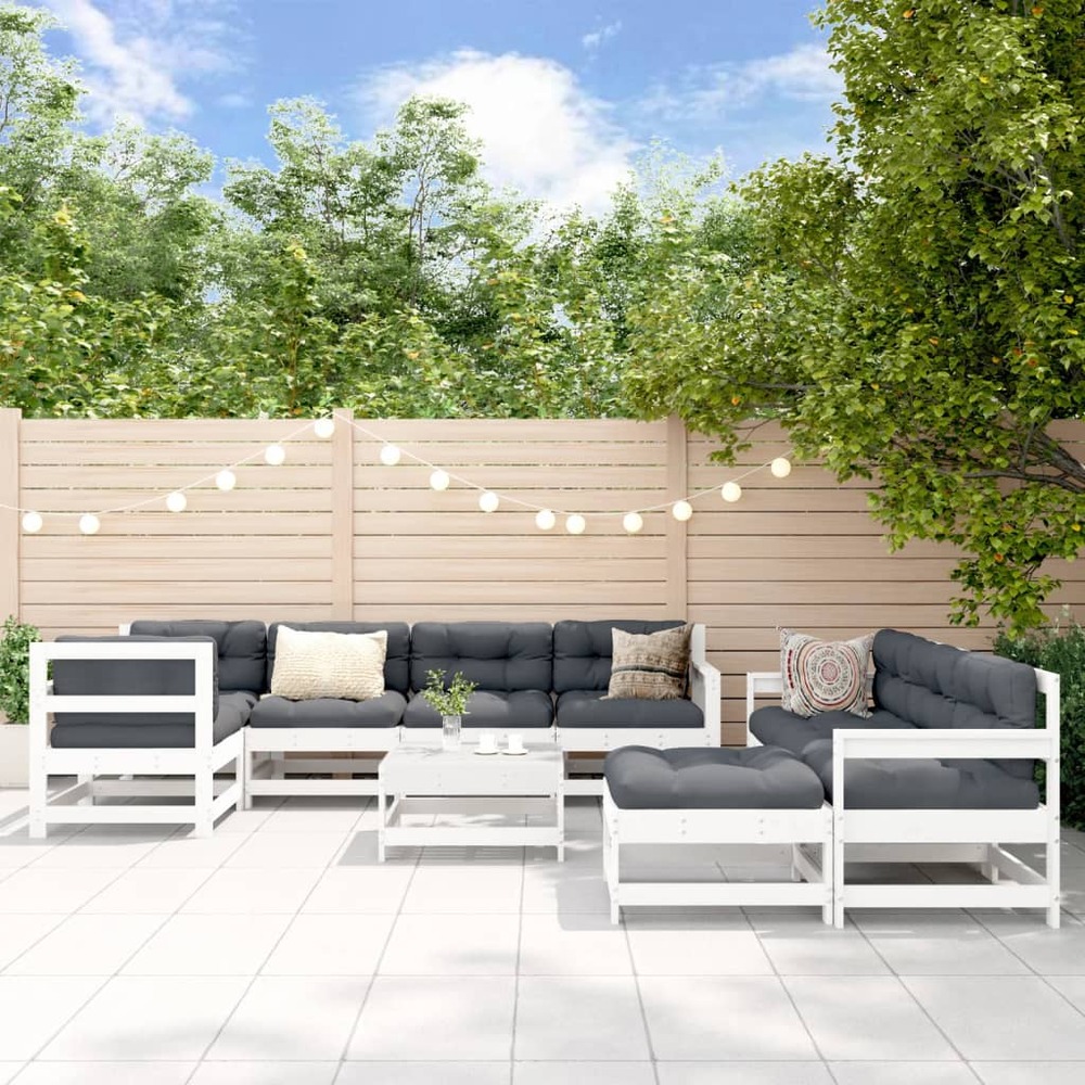 Salon de jardin 10 pcs avec coussins blanc bois massif