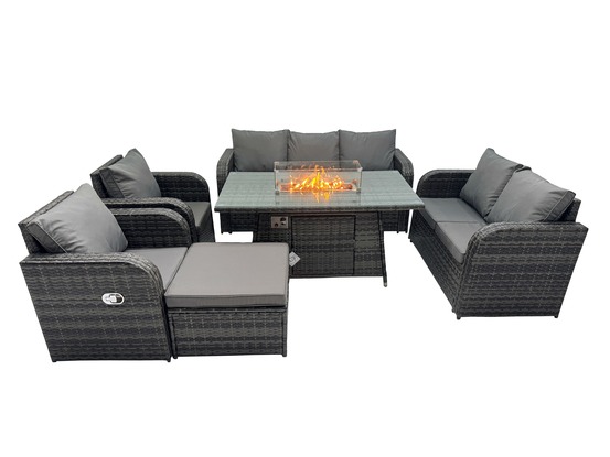 Salon de jardin exterieur table de foyer à gaz et canapé fauteuil avec grand tabouret