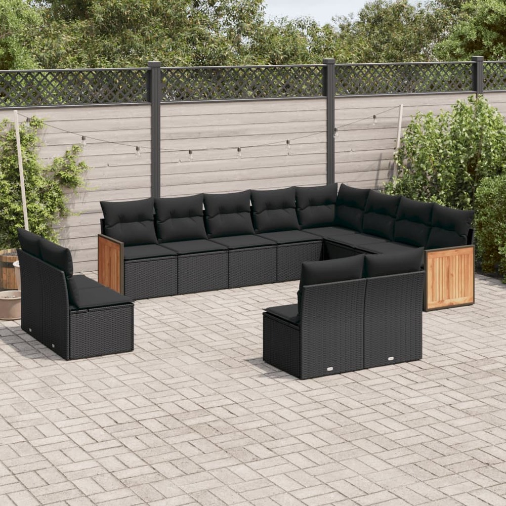 Salon de jardin 12 pcs avec coussins noir résine tressée