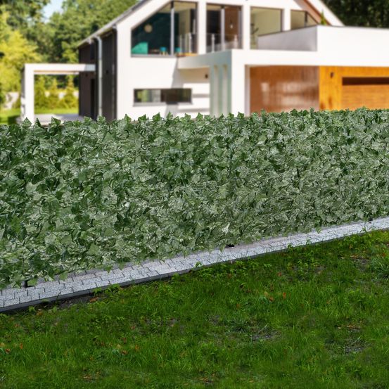 Haie artificielle 99x401 cm, brise-vue en lierre, support tissu maillé, fixations renforcées, jardin, balcon
