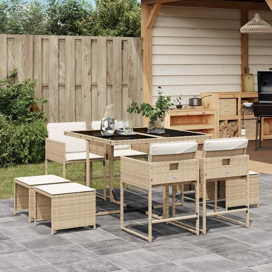 Ensemble à manger de jardin et coussins 9 pcs beige poly rotin