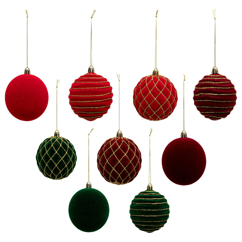 Déco de sapin coffret 9 boules de noël pailletées d 8 cm rouge et vert