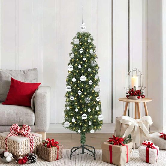 Sapin de noël artificiel conique 150 cm, kit déco complet avec led et boules