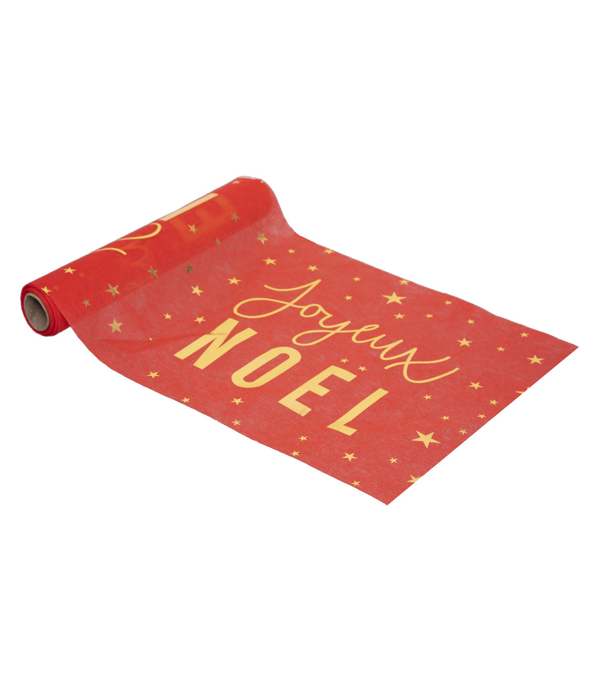Chemin de table tissu rouge imprimé joyeux noël doré 28 x 500 cm