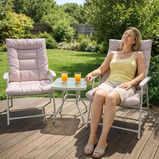 Ensemble cosy 2 fauteuils pliants + table basse en acier et polyester