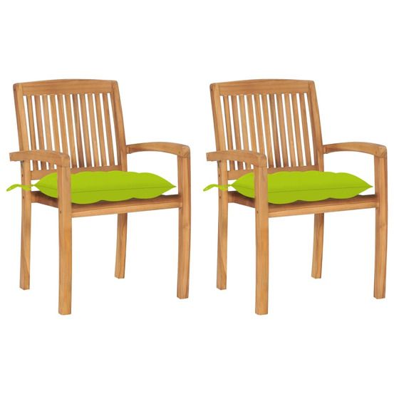 Chaises de jardin lot de 2 avec coussins vert vif teck massif
