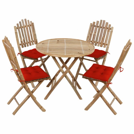 Mobilier à dîner d'extérieur pliable 5 pièces avec coussins bambou