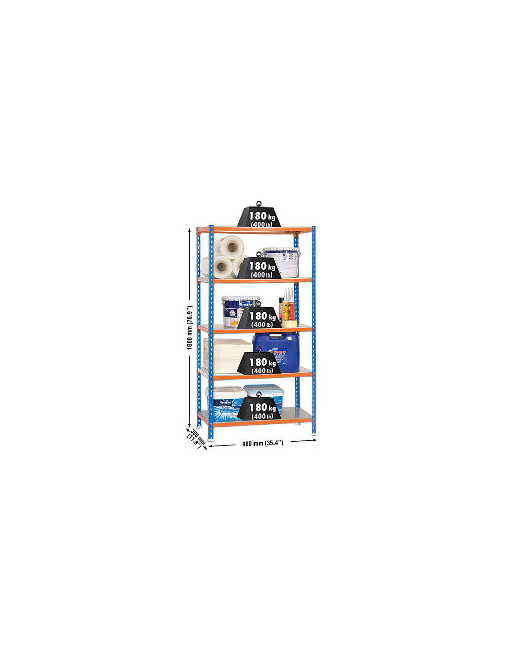 Etagère légère sans vis simonclick 5/300 bleu/orang/galva bleu/orange/galva 1800x900x300 - simonrack