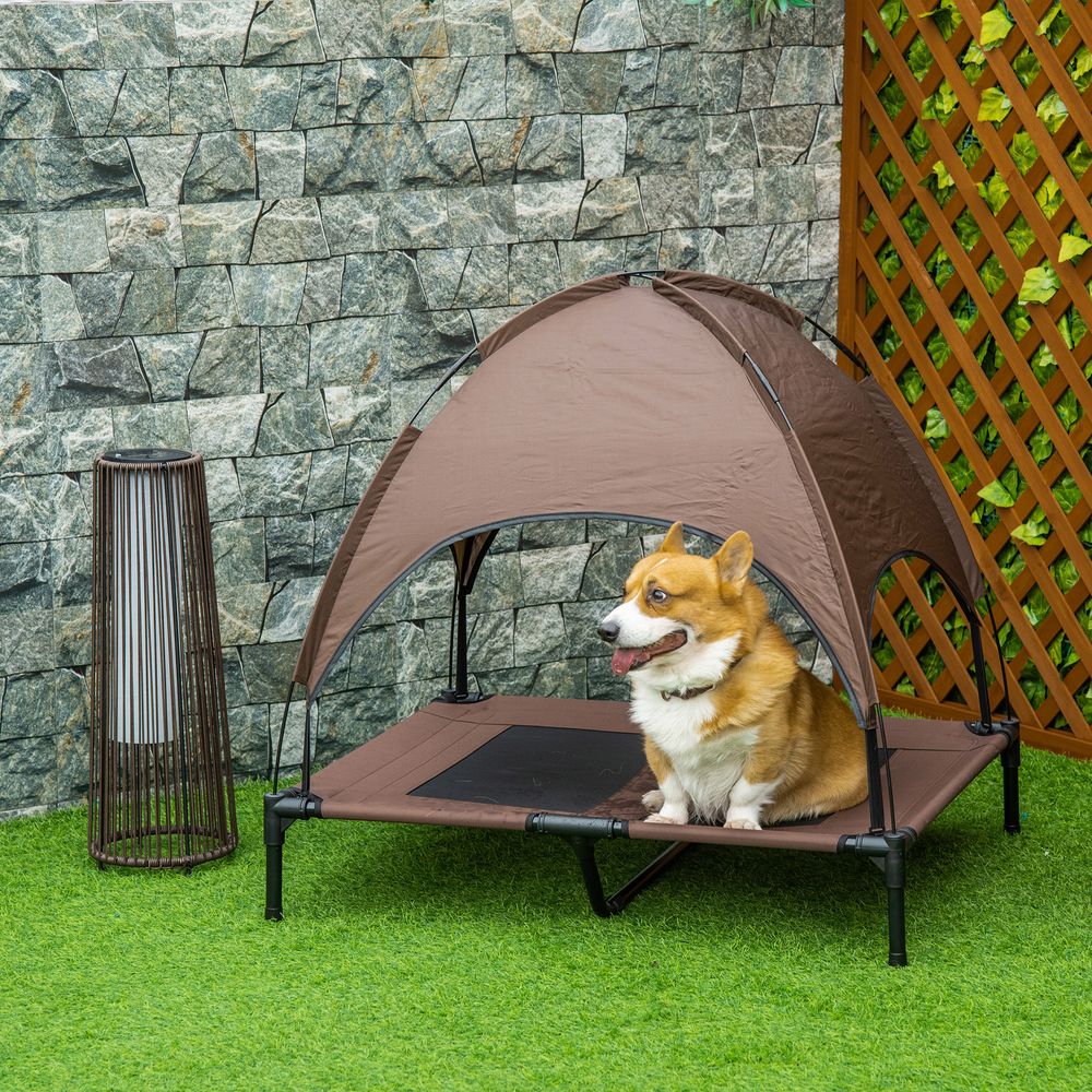 Lit surélevé pour chien en métal et oxford 92 x 76 x 90 cm brun noir avec auvent anti-uv jardin camping