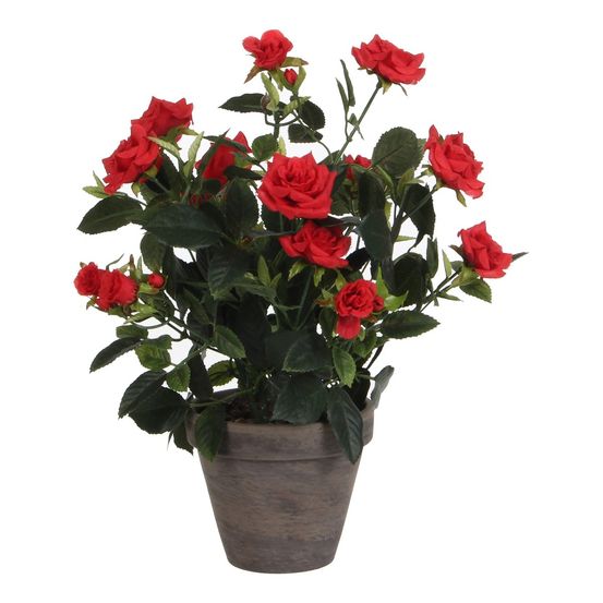 Mica decorations plante artificielle rosier en pot ciment - h33 x ø25 cm - rouge