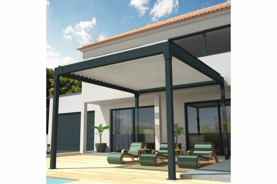 Pergola bioclimatique cocoon îlot mixte gris anthracite / blanc 4,00x4,588m verin + led