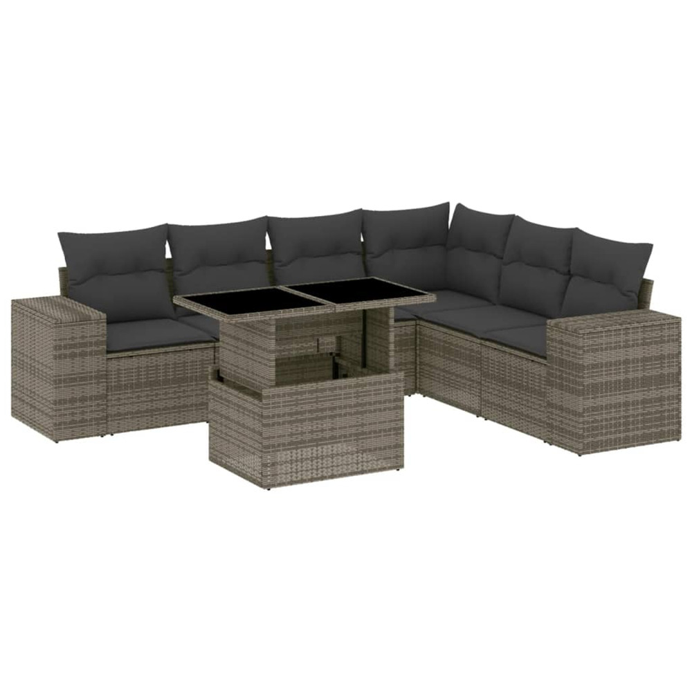 Salon de jardin avec coussins 7 pcs gris résine tressée