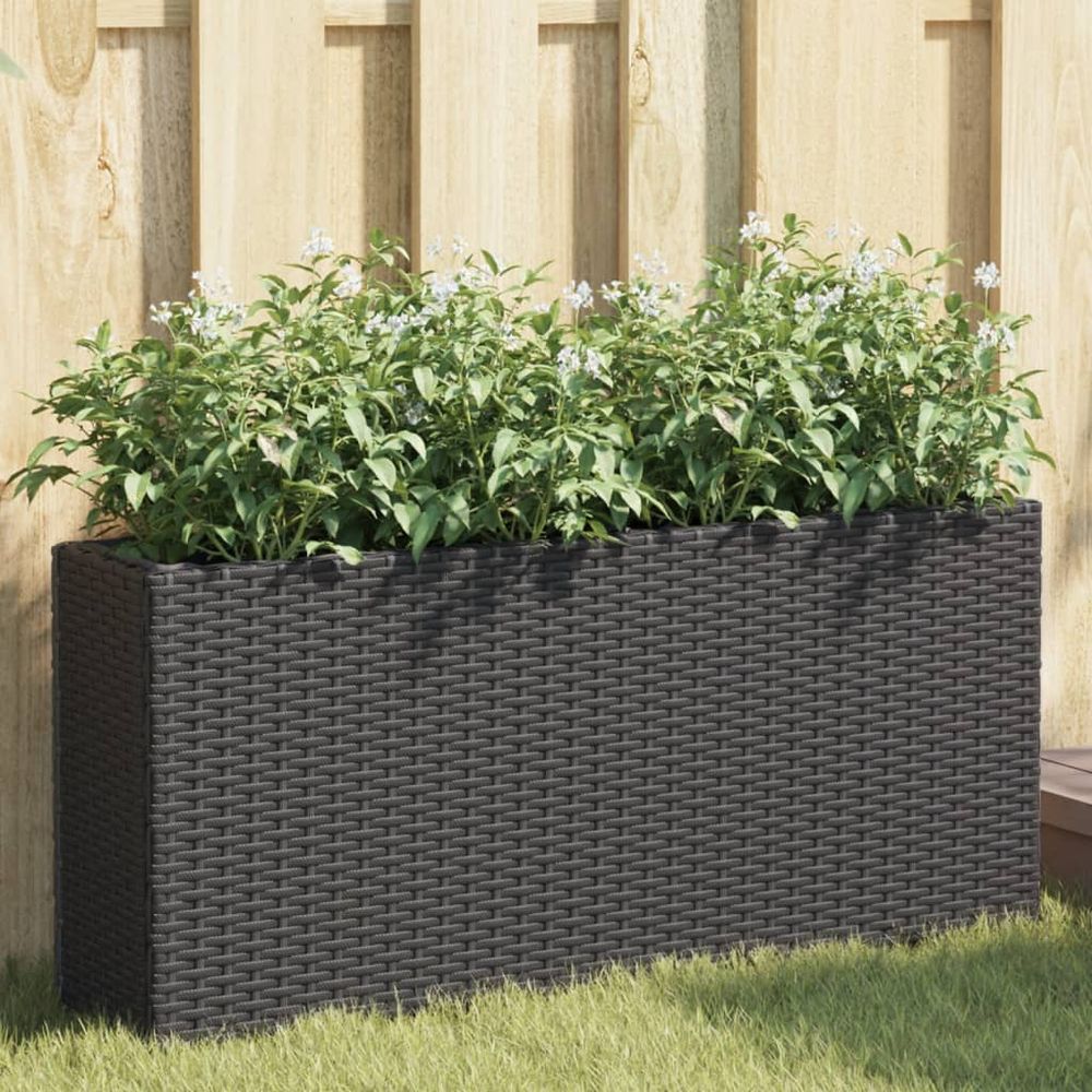 Jardinière rectangulaire résine tressée double bac pour plantes 90x20x40 cm noir