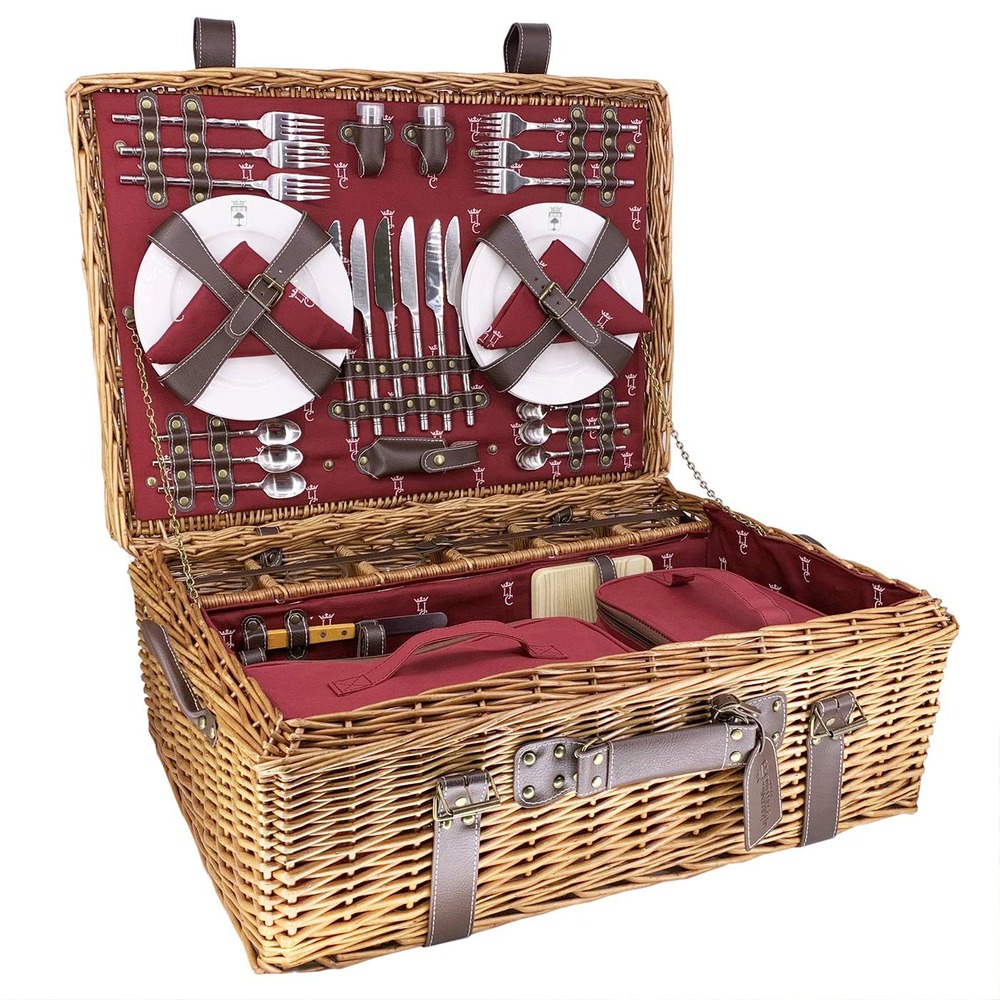 Malle pique-nique osier et cuir champs-elysées bordeaux - 6 personnes