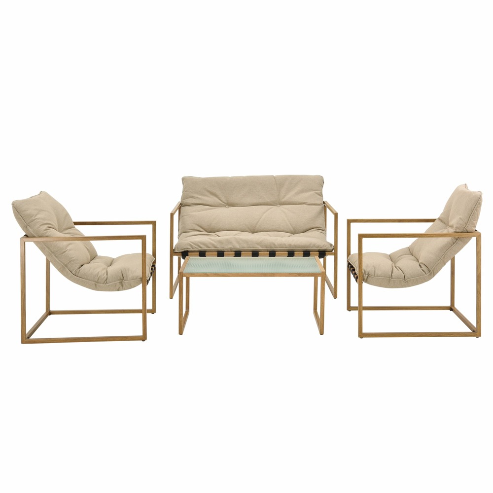 Salon de jardin table basse avec canapé et chaises extérieures en acier avec coussins oléfines et plateau de table en verre i