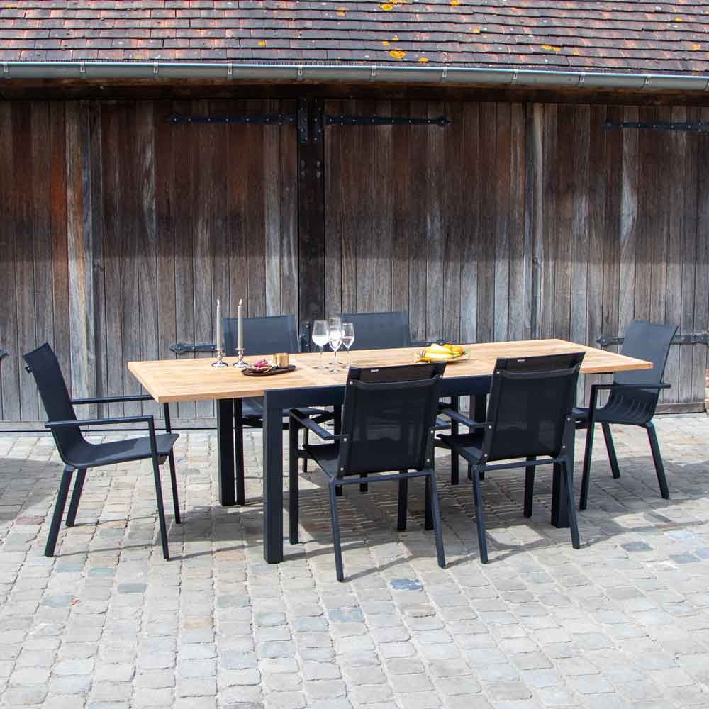 Ensemble de jardin aluminium et teck noir extensible 6/10p baliteck
