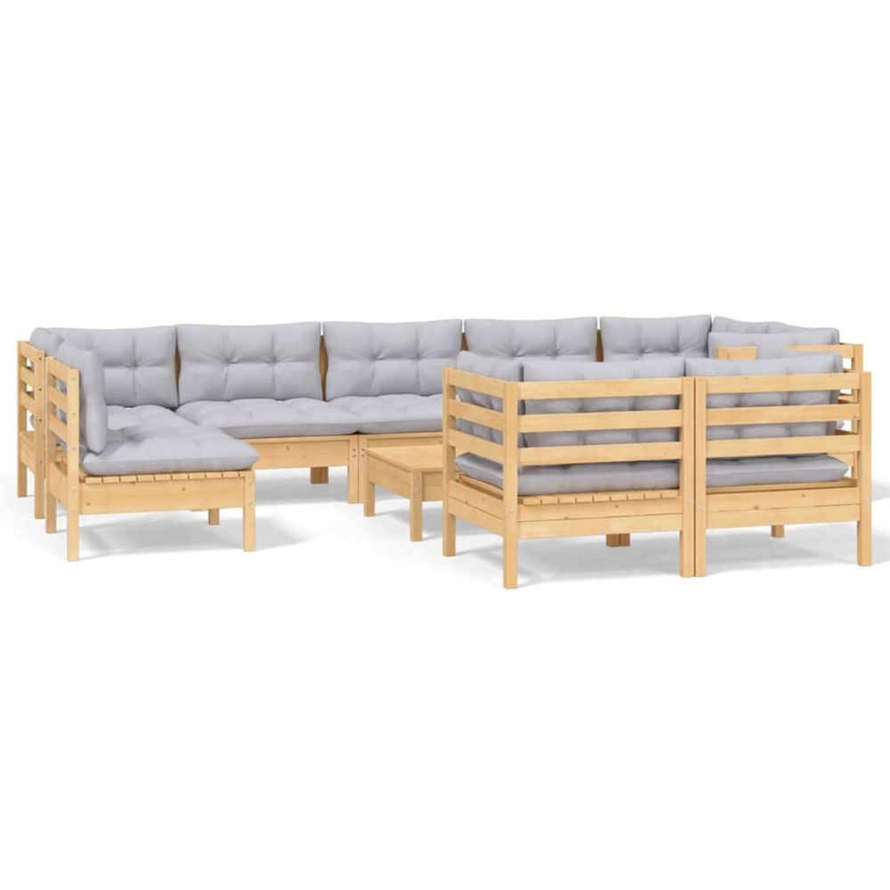 Salon de jardin 10 pcs avec coussins gris bois de pin massif