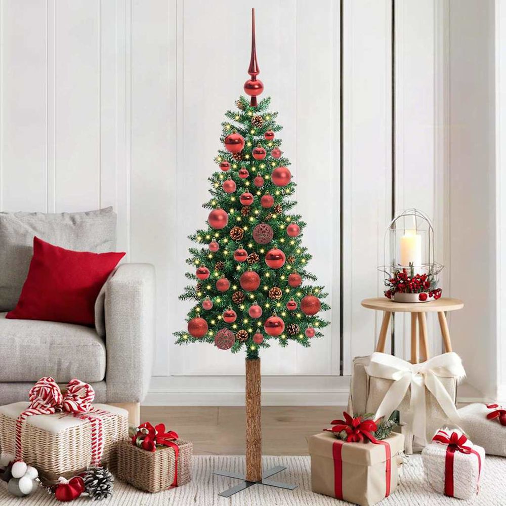 Sapin de noël artificiel 150 cm pré-décoré, tronc en bois, 150 led, facile à installer