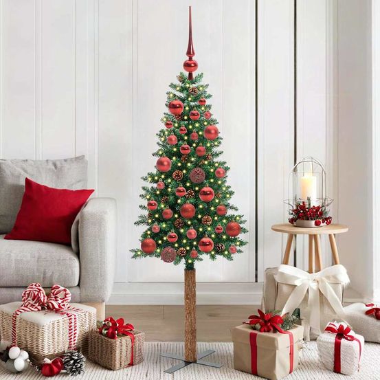 Sapin de noël artificiel 150 cm pré-décoré, tronc en bois, 150 led, facile à installer
