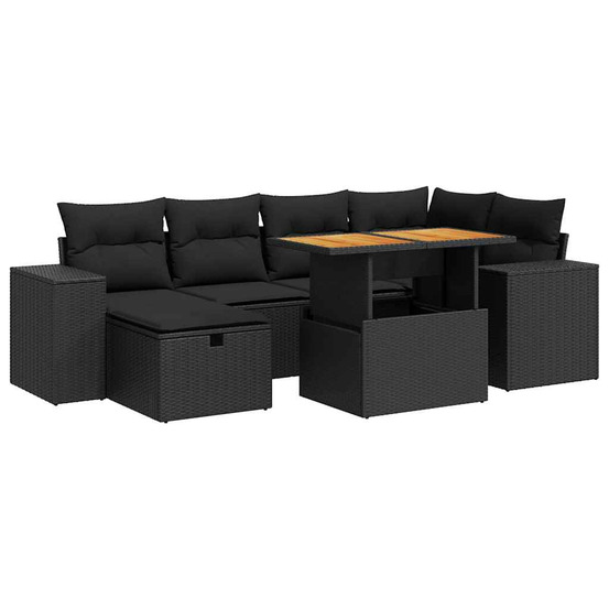 Salon de jardin avec coussins 8 pcs noir résine tressée acacia