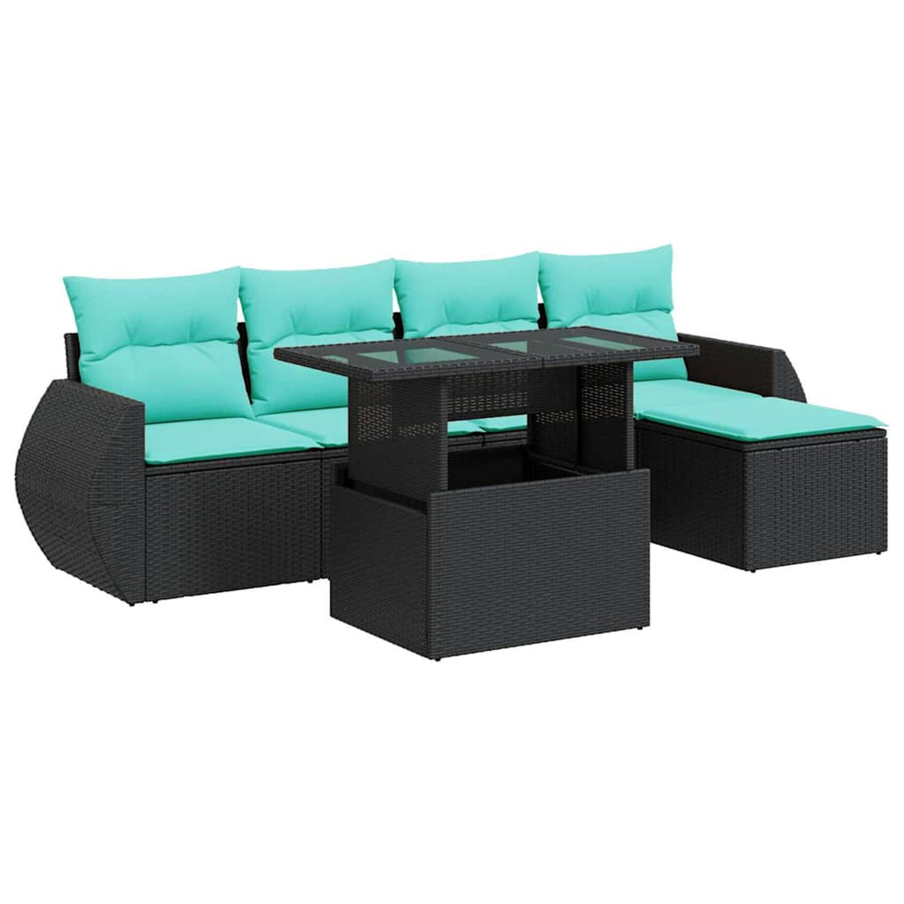 Salon de jardin 6 pcs avec coussins noir résine tressée acacia